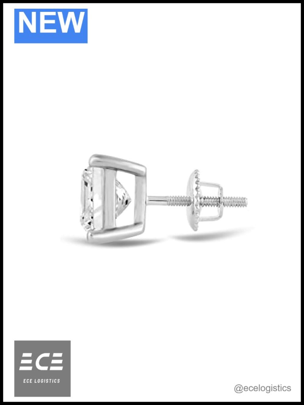 14K Solid White Gold Single Stud Earring Princess Cut Cubic Zirconia Screw Back